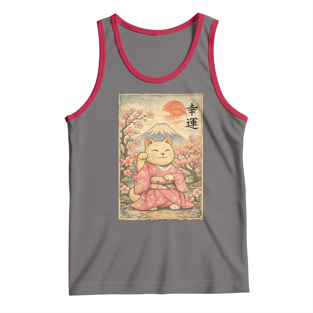 Japanese Anime Maneki Neko Tank Top Kawaii Waving Cat Good Luck Kanji TS12 Deep Heather Red Print Your Wear