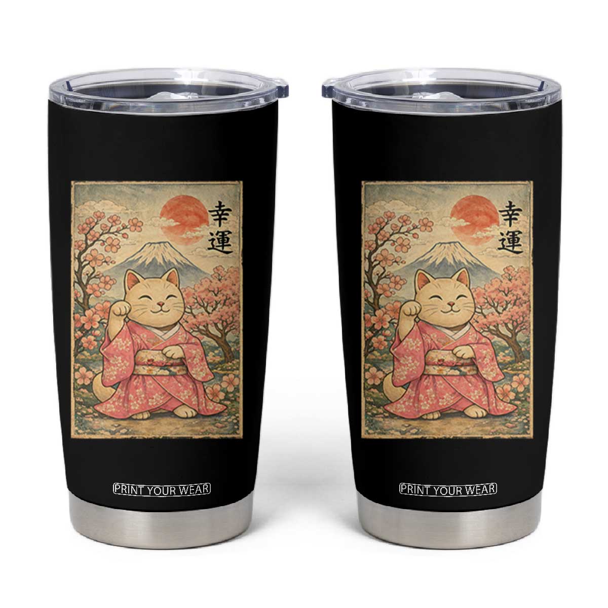 Japanese Anime Maneki Neko Tumbler Cup Kawaii Waving Cat Good Luck Kanji TS12 Black Print Your Wear