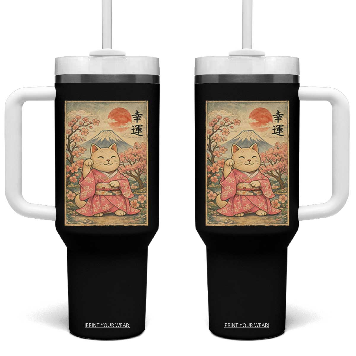 Japanese Anime Maneki Neko Tumbler With Handle Kawaii Waving Cat Good Luck Kanji TS12 One Size: 40 oz Black Print Your Wear