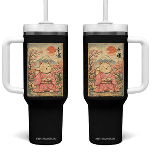 Japanese Anime Maneki Neko Tumbler With Handle Kawaii Waving Cat Good Luck Kanji TS12 One Size: 40 oz Black Print Your Wear
