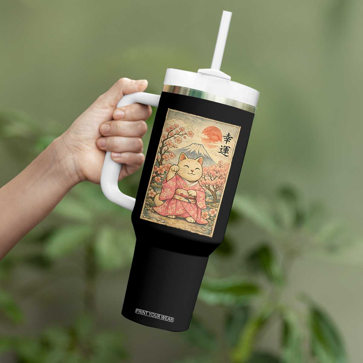 Japanese Anime Maneki Neko Tumbler With Handle Kawaii Waving Cat Good Luck Kanji TS12 Print Your Wear