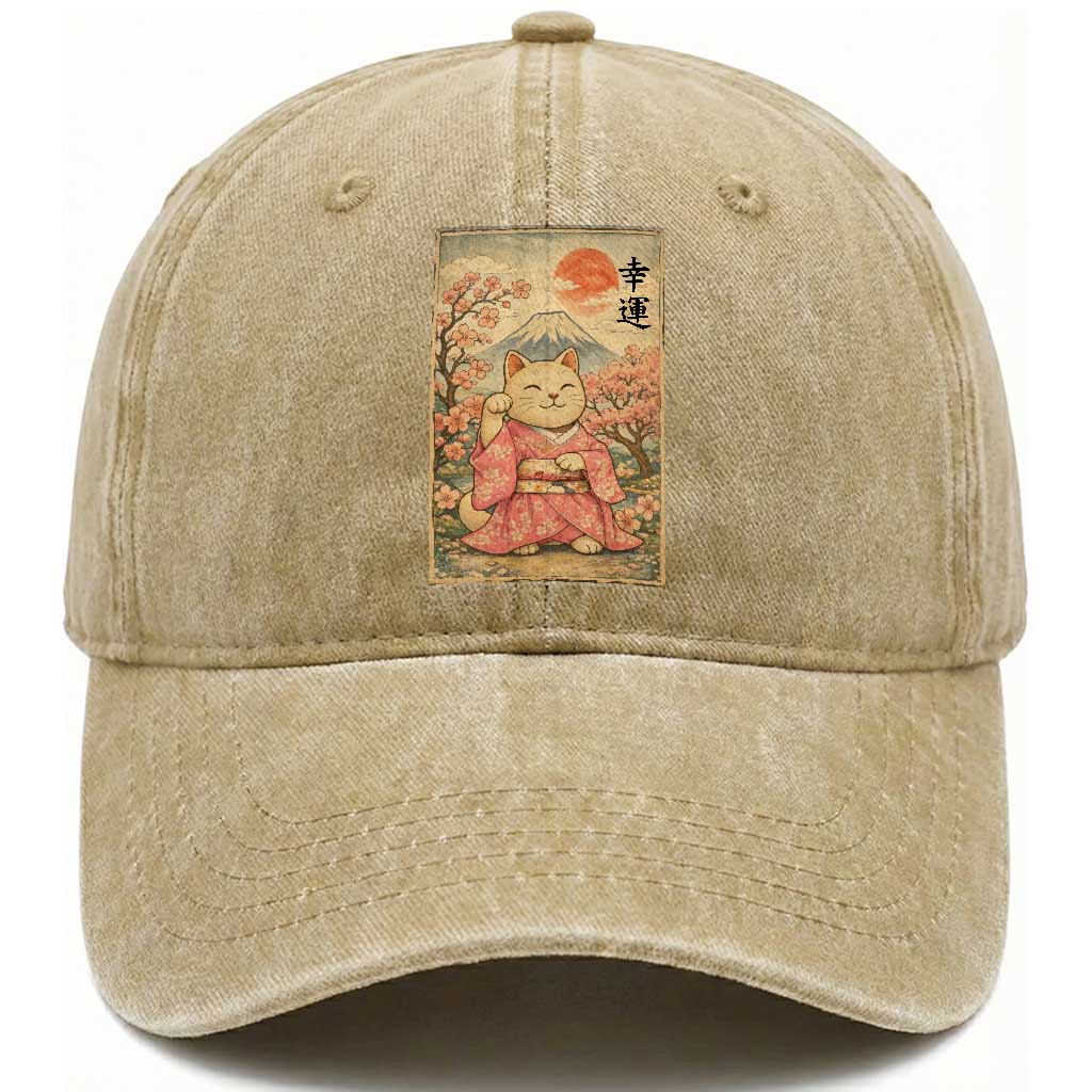 Japanese Anime Maneki Neko Washed Cotton Baseball Cap Kawaii Waving Cat Good Luck Kanji TS12 Print Your Wear