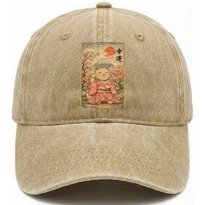 Japanese Anime Maneki Neko Washed Cotton Baseball Cap Kawaii Waving Cat Good Luck Kanji TS12 Print Your Wear