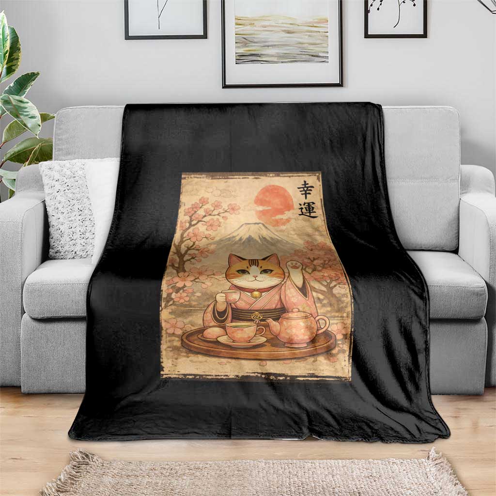 Japanese Maneki Neko Drinking Tea Kawaii Lucky Cat Throw Blanket TS12 Print Your Wear
