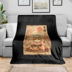 Japanese Maneki Neko Drinking Tea Kawaii Lucky Cat Throw Blanket TS12 Print Your Wear