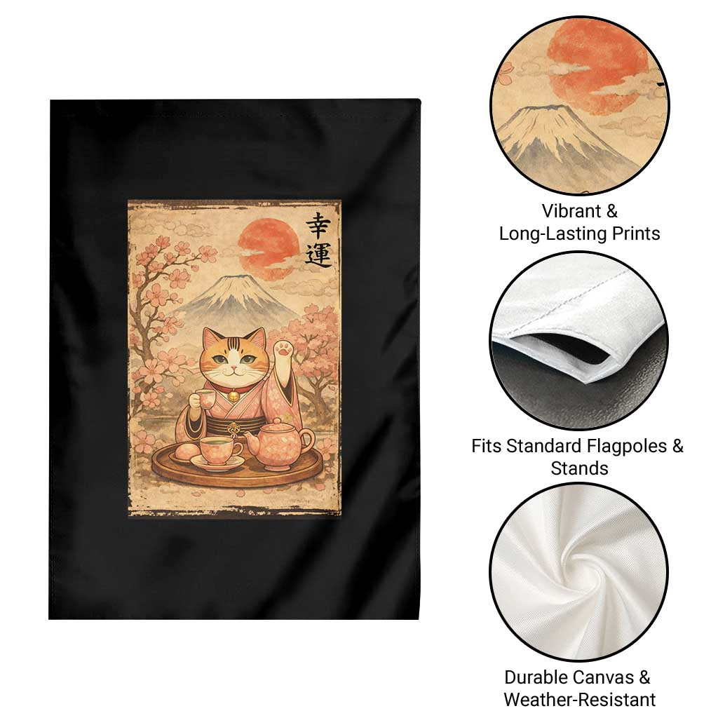 Japanese Maneki Neko Drinking Tea Kawaii Lucky Cat Garden Flag TS12 Print Your Wear