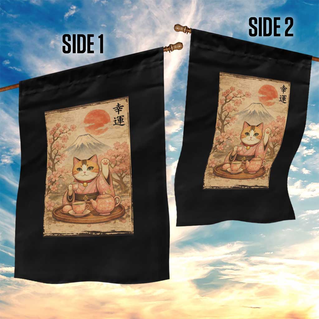 Japanese Maneki Neko Drinking Tea Kawaii Lucky Cat Garden Flag TS12 Print Your Wear