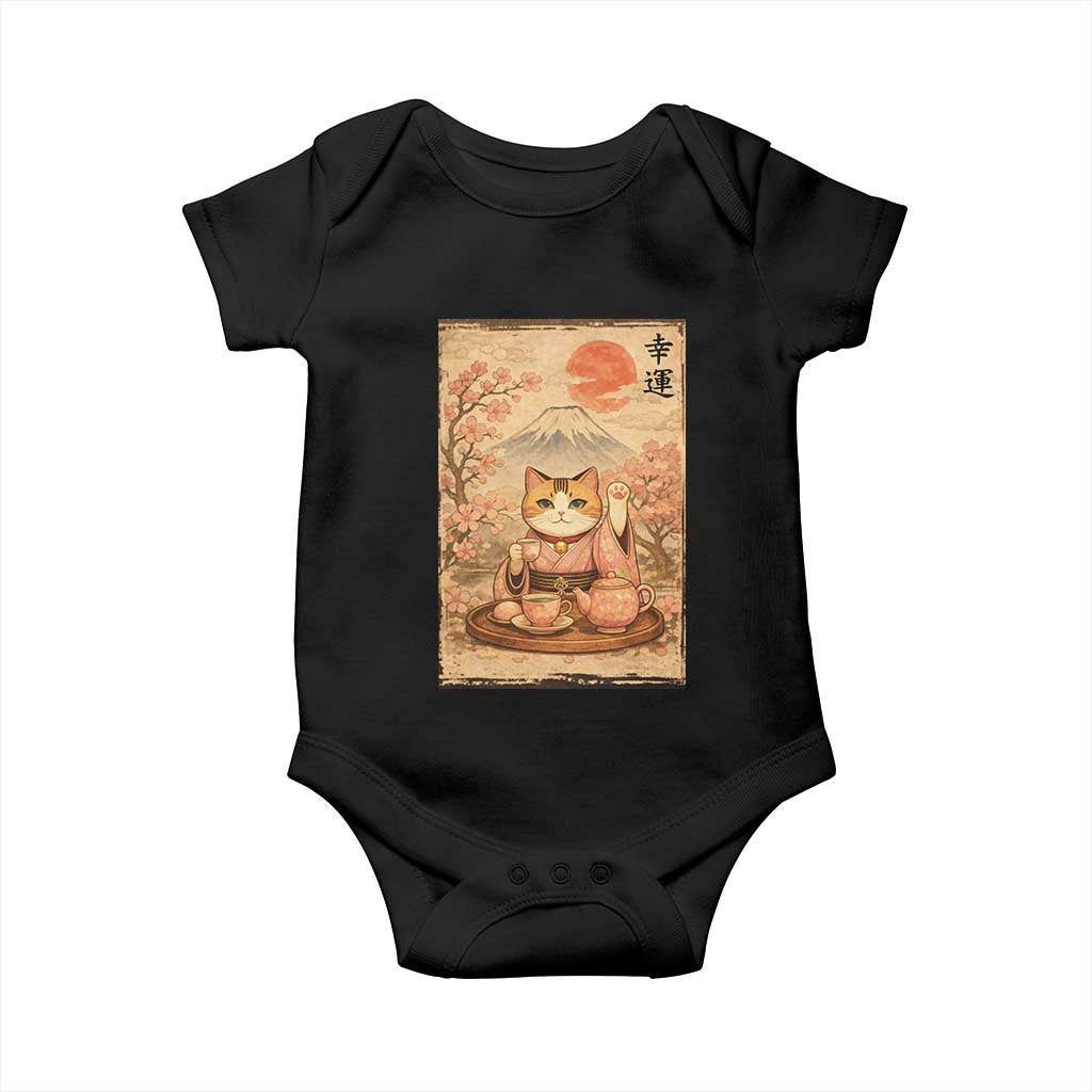 Japanese Maneki Neko Drinking Tea Kawaii Lucky Cat Baby Onesie TS12 Black Print Your Wear