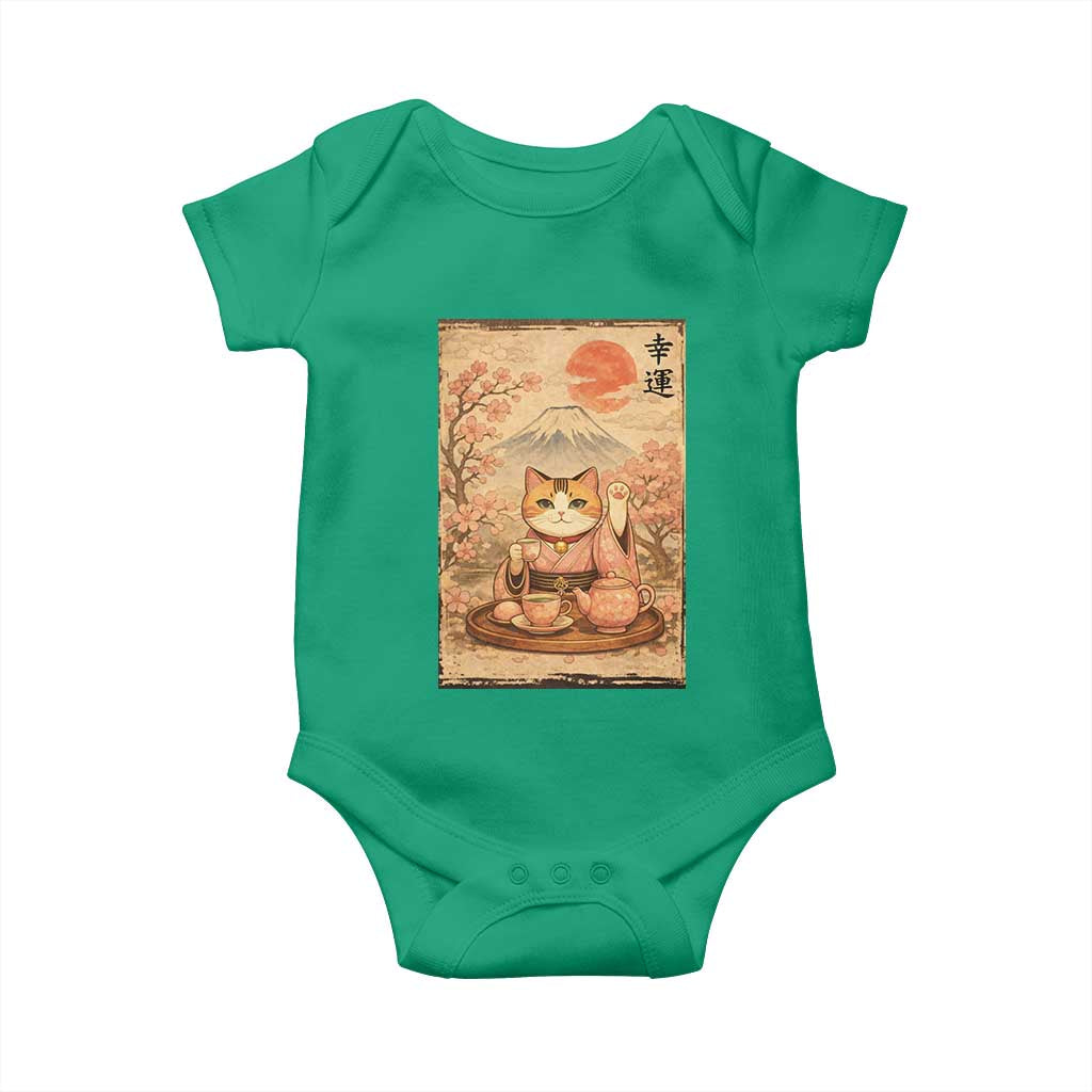 Japanese Maneki Neko Drinking Tea Kawaii Lucky Cat Baby Onesie TS12 Irish Green Print Your Wear