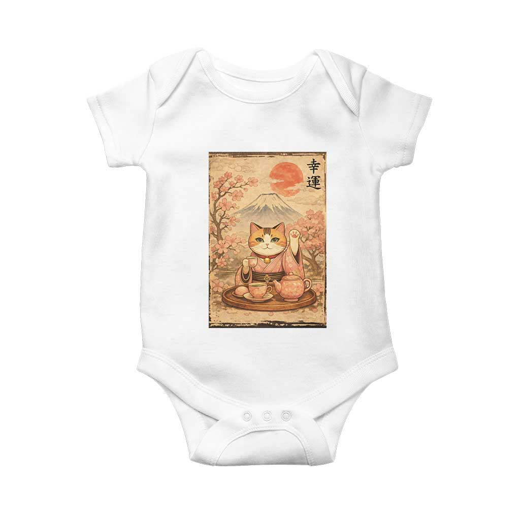 Japanese Maneki Neko Drinking Tea Kawaii Lucky Cat Baby Onesie TS12 White Print Your Wear