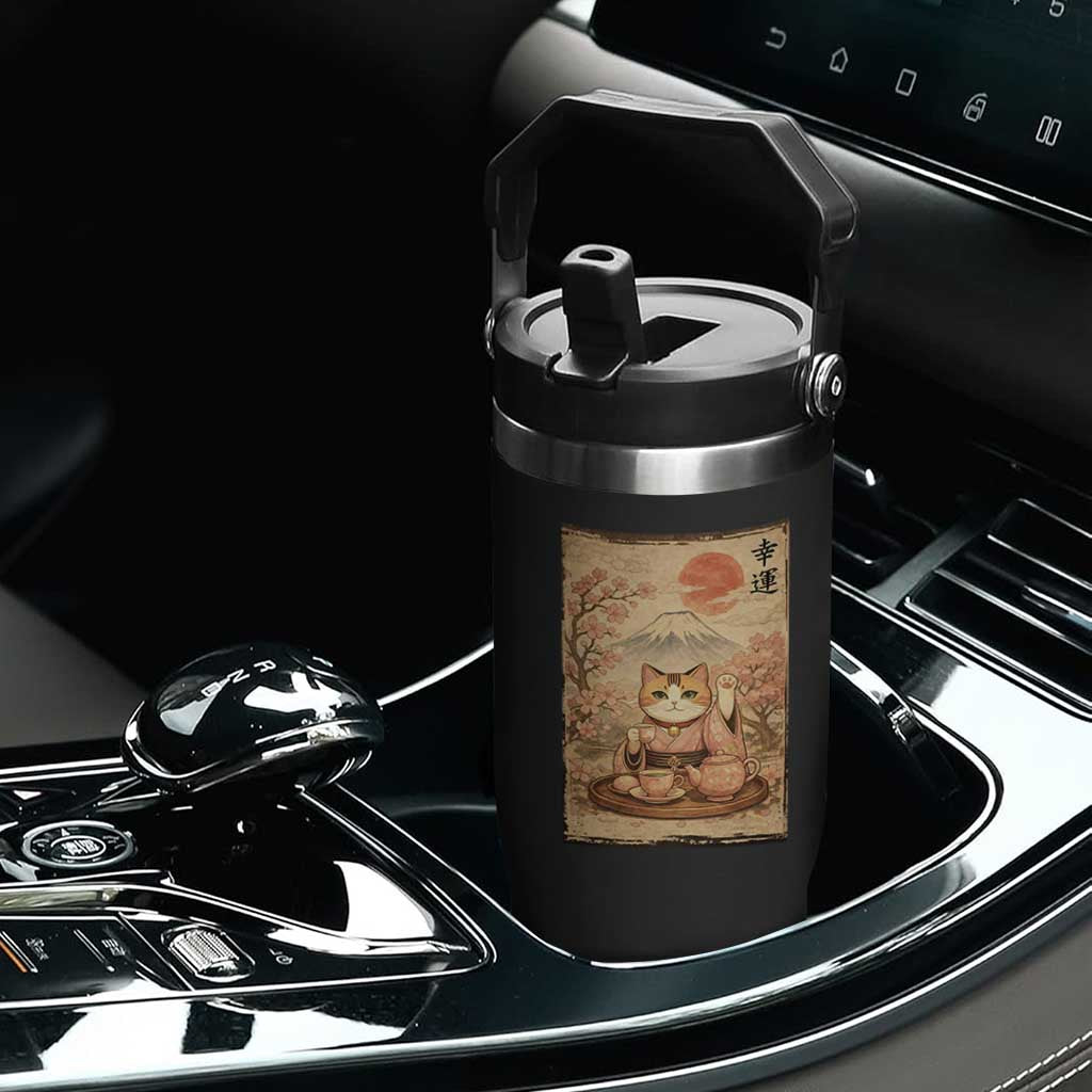 Japanese Maneki Neko Drinking Tea Kawaii Lucky Cat Flip Straw Tumbler TS12 Print Your Wear