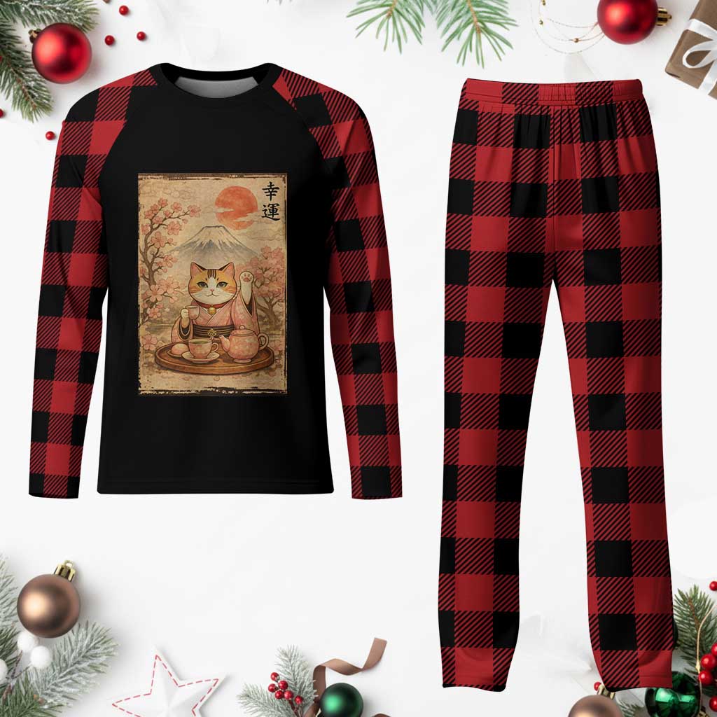 Japanese Maneki Neko Drinking Tea Kawaii Lucky Cat Plaid Pajama Set TS12 Buffalo Plaid Print Your Wear