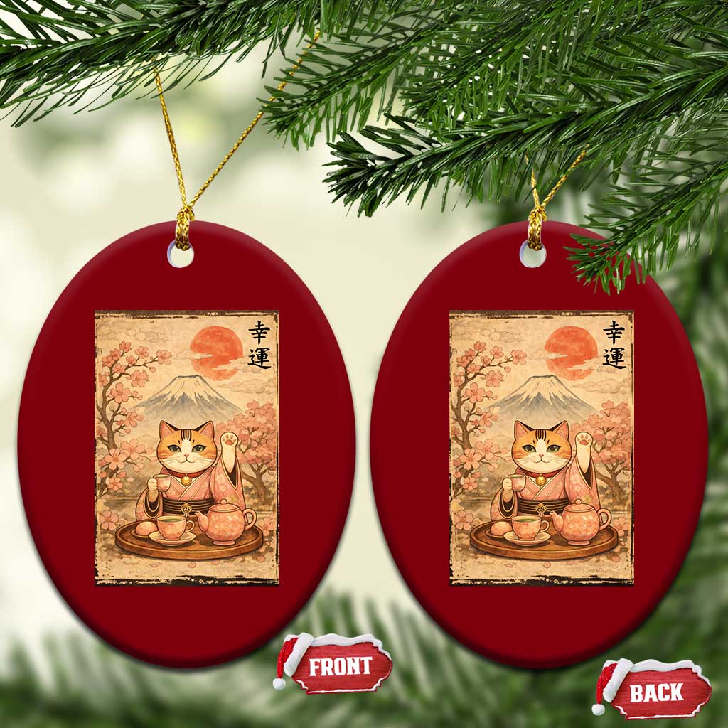 Japanese Maneki Neko Drinking Tea Kawaii Lucky Cat Ceramic Ornament TS12 Print Your Wear