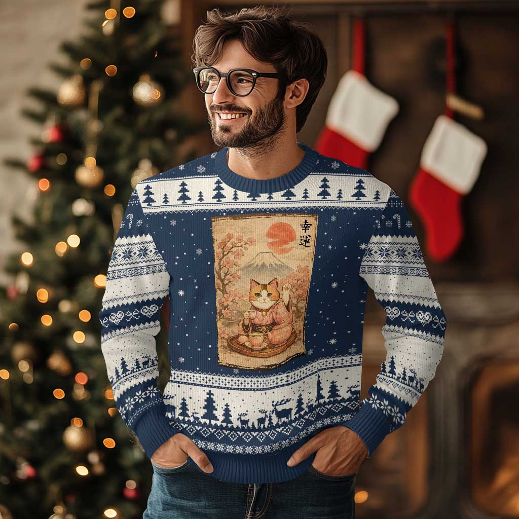 Japanese Maneki Neko Drinking Tea Kawaii Lucky Cat Ugly Christmas Sweater TS12 Navy Beige Print Your Wear