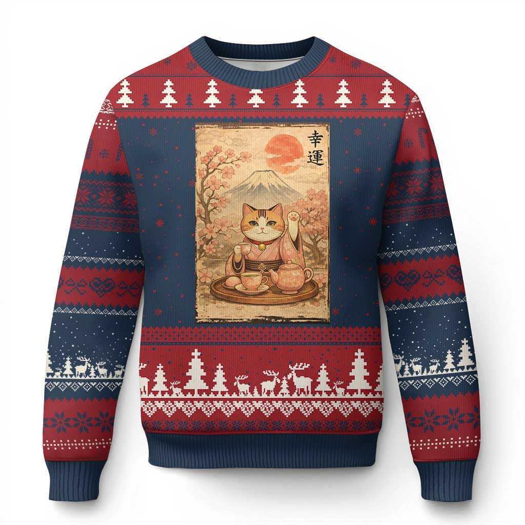 Japanese Maneki Neko Drinking Tea Kawaii Lucky Cat Ugly Christmas Sweater TS12 Navy Red Print Your Wear