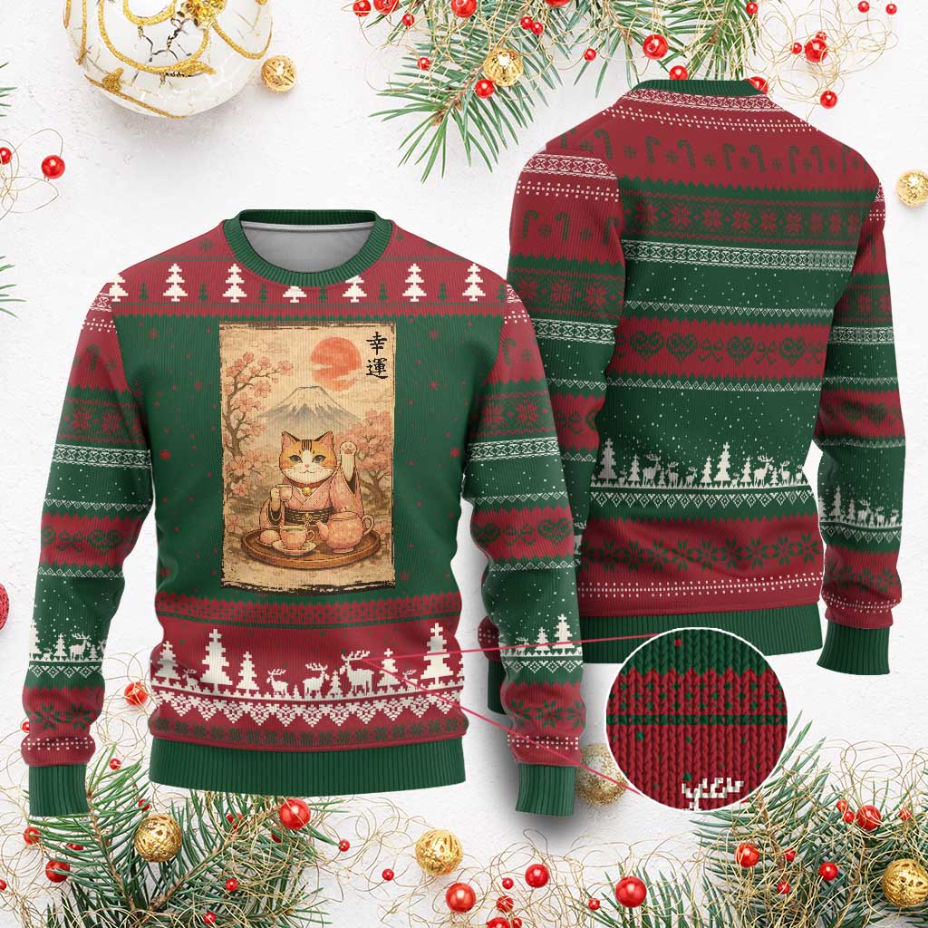 Japanese Maneki Neko Drinking Tea Kawaii Lucky Cat Ugly Christmas Sweater TS12 Red Green Print Your Wear