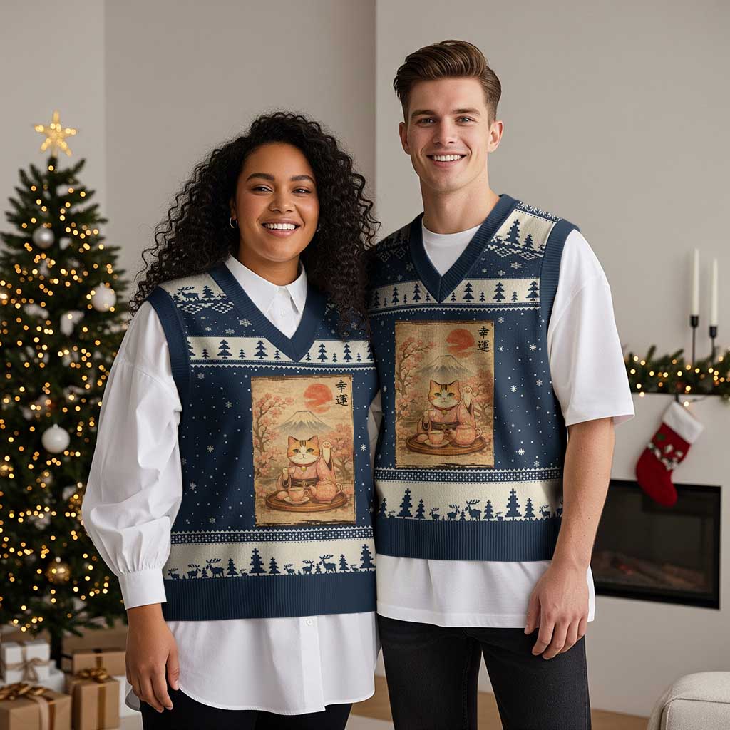 Japanese Maneki Neko Drinking Tea Kawaii Lucky Cat V-Neck Knit Sweater Vest TS12 Navy Beige Print Your Wear