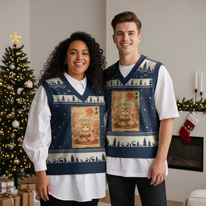 Japanese Maneki Neko Drinking Tea Kawaii Lucky Cat V-Neck Knit Sweater Vest TS12 Navy Beige Print Your Wear