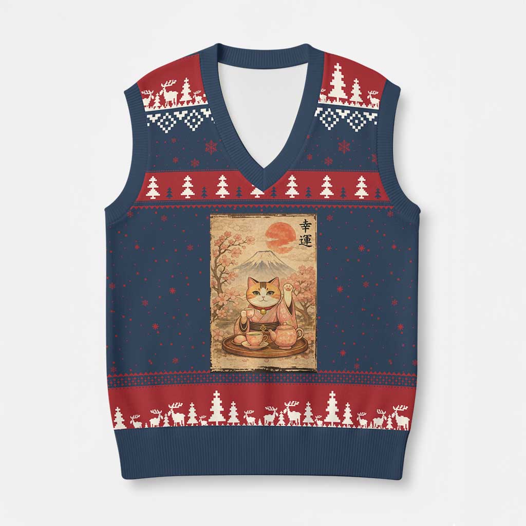Japanese Maneki Neko Drinking Tea Kawaii Lucky Cat V-Neck Knit Sweater Vest TS12 Navy Red Print Your Wear