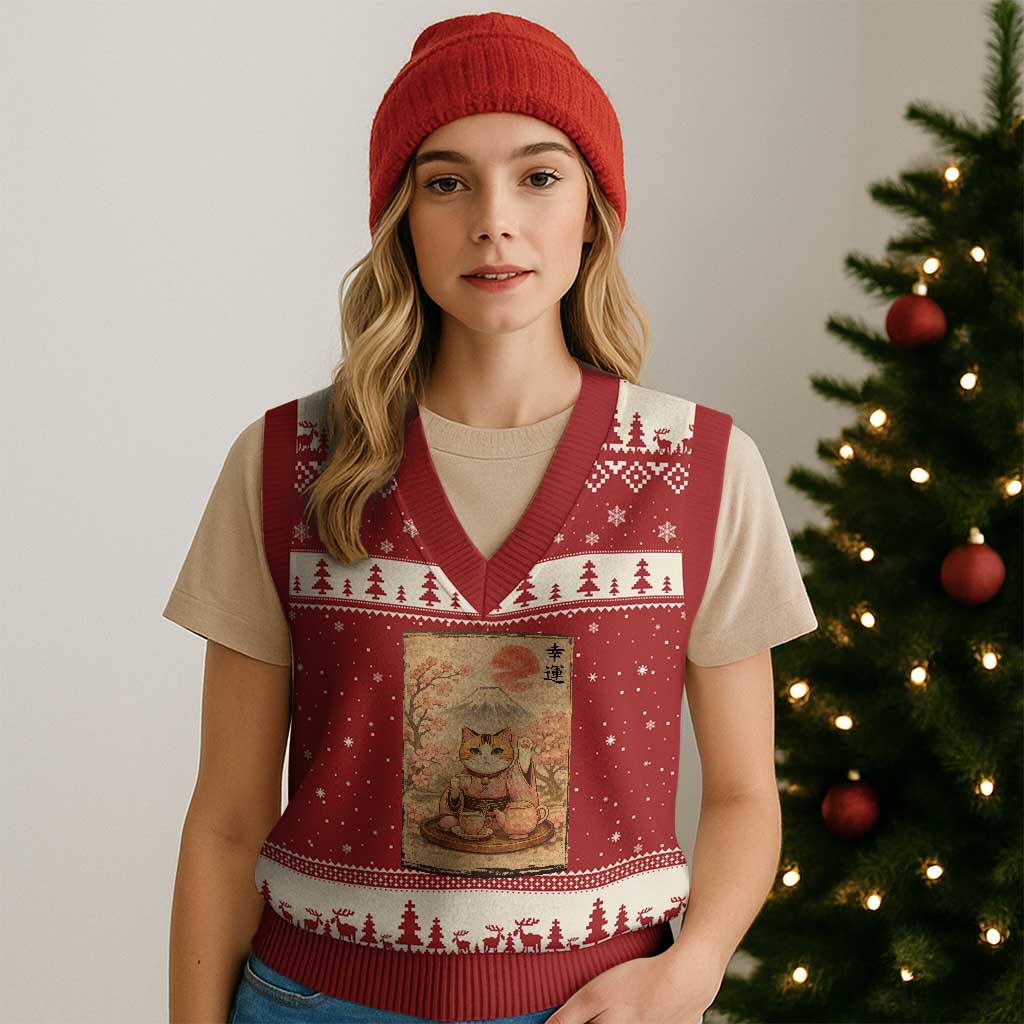 Japanese Maneki Neko Drinking Tea Kawaii Lucky Cat V-Neck Knit Sweater Vest TS12 Red Beige Print Your Wear