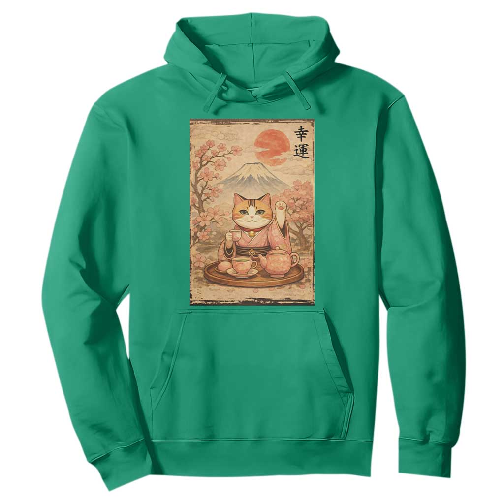 Japanese Maneki Neko Drinking Tea Kawaii Lucky Cat Hoodie TS12 Irish Green Print Your Wear