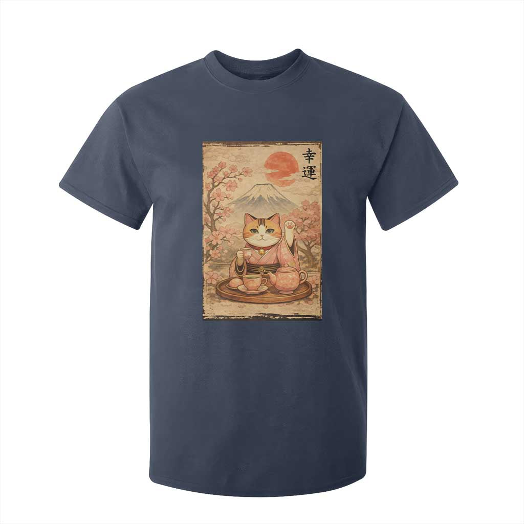 Japanese Maneki Neko Drinking Tea Kawaii Lucky Cat T Shirt For Kid TS12 Navy Print Your Wear
