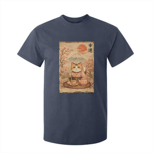 Japanese Maneki Neko Drinking Tea Kawaii Lucky Cat T Shirt For Kid TS12 Navy Print Your Wear