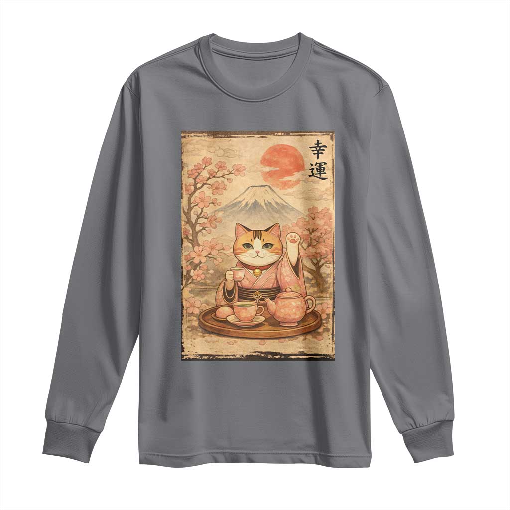 Japanese Maneki Neko Drinking Tea Kawaii Lucky Cat Long Sleeve Shirt TS12 Charcoal Print Your Wear