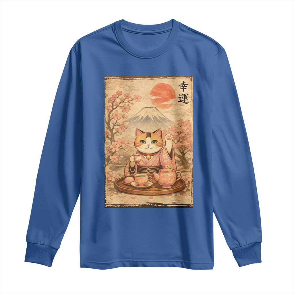 Japanese Maneki Neko Drinking Tea Kawaii Lucky Cat Long Sleeve Shirt TS12 Royal Blue Print Your Wear