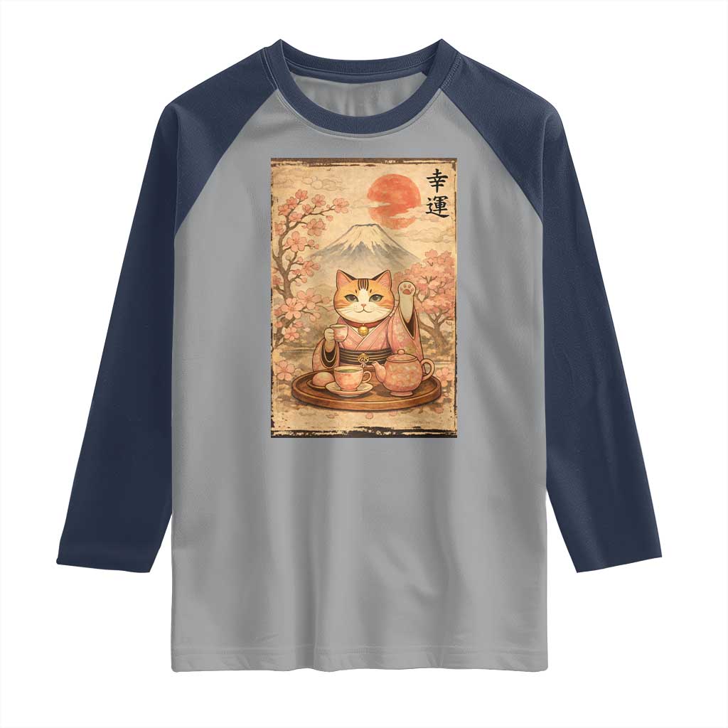 Japanese Maneki Neko Drinking Tea Kawaii Lucky Cat Raglan Shirt TS12 Sport Gray Navy Print Your Wear