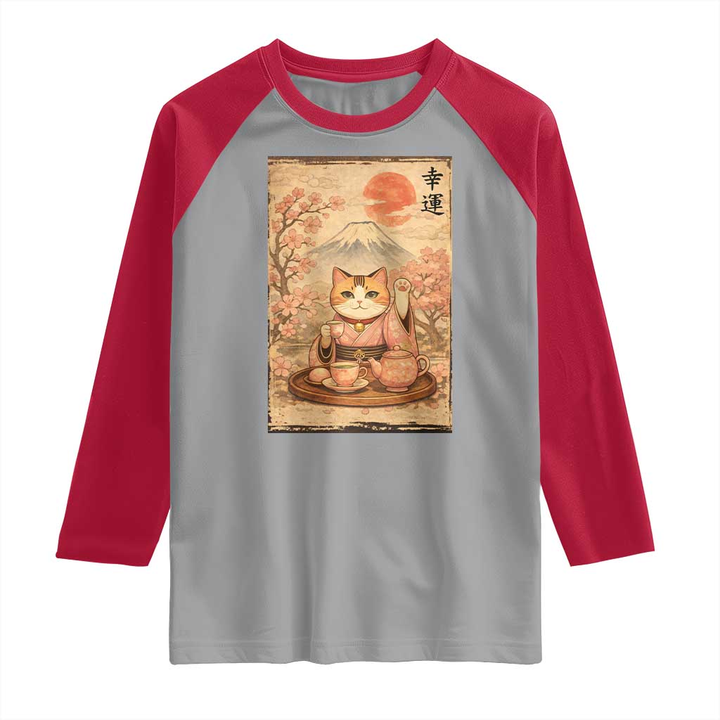 Japanese Maneki Neko Drinking Tea Kawaii Lucky Cat Raglan Shirt TS12 Sport Gray Red Print Your Wear