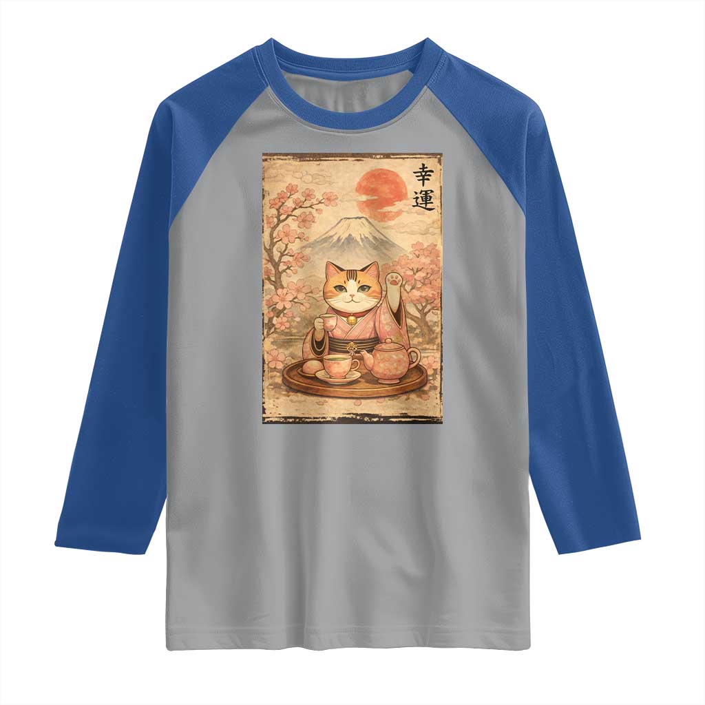 Japanese Maneki Neko Drinking Tea Kawaii Lucky Cat Raglan Shirt TS12 Sport Gray Royal Print Your Wear