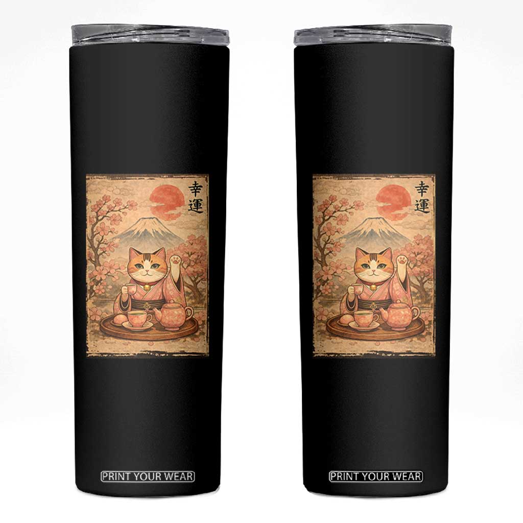 Japanese Maneki Neko Drinking Tea Kawaii Lucky Cat Skinny Tumbler TS12 Black Print Your Wear