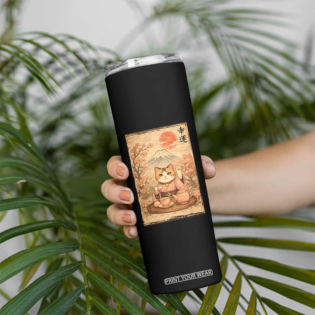 Japanese Maneki Neko Drinking Tea Kawaii Lucky Cat Skinny Tumbler TS12 Print Your Wear