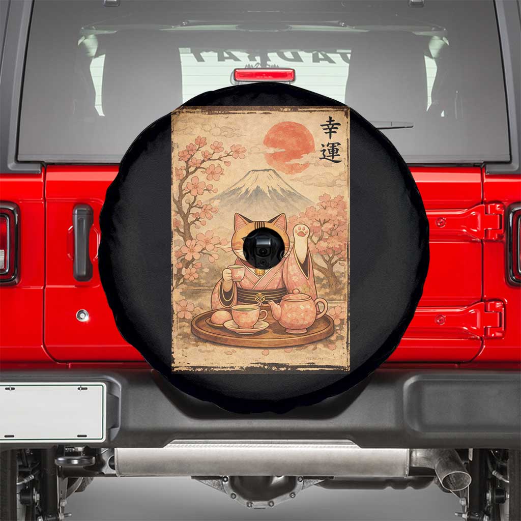 Japanese Maneki Neko Drinking Tea Kawaii Lucky Cat Spare Tire Cover TS12 Black Print Your Wear
