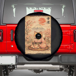 Japanese Maneki Neko Drinking Tea Kawaii Lucky Cat Spare Tire Cover TS12 Black Print Your Wear