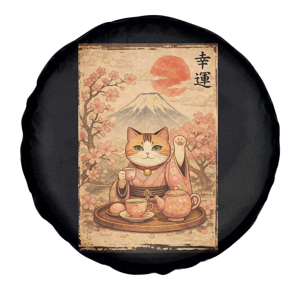 Japanese Maneki Neko Drinking Tea Kawaii Lucky Cat Spare Tire Cover TS12 Print Your Wear