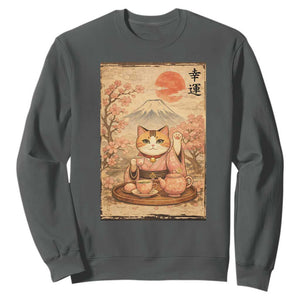 Japanese Maneki Neko Drinking Tea Kawaii Lucky Cat Sweatshirt TS12 Dark Heather Print Your Wear