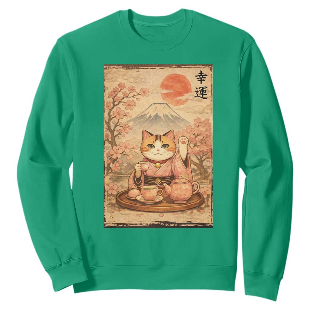Japanese Maneki Neko Drinking Tea Kawaii Lucky Cat Sweatshirt TS12 Irish Green Print Your Wear