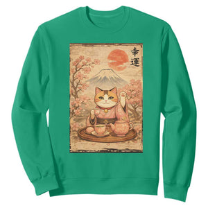 Japanese Maneki Neko Drinking Tea Kawaii Lucky Cat Sweatshirt TS12 Irish Green Print Your Wear