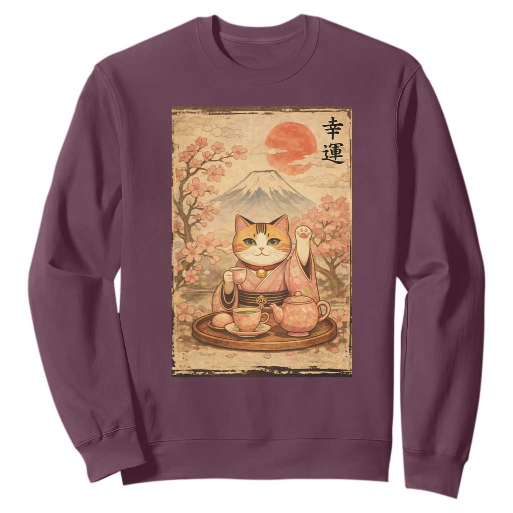 Japanese Maneki Neko Drinking Tea Kawaii Lucky Cat Sweatshirt TS12 Maroon Print Your Wear