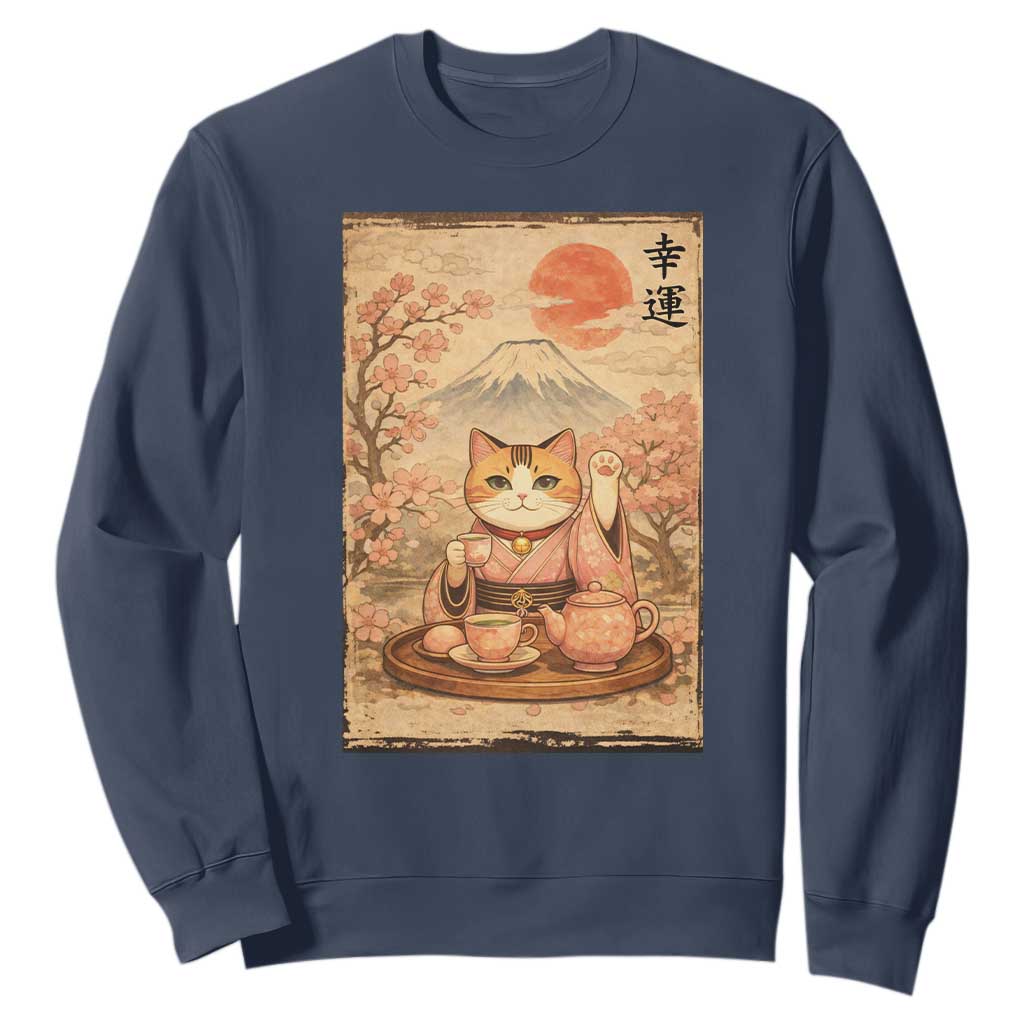 Japanese Maneki Neko Drinking Tea Kawaii Lucky Cat Sweatshirt TS12 Navy Print Your Wear