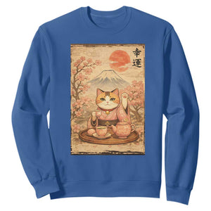 Japanese Maneki Neko Drinking Tea Kawaii Lucky Cat Sweatshirt TS12 Royal Blue Print Your Wear