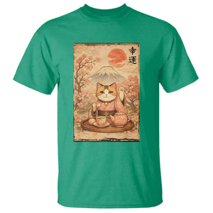 Japanese Maneki Neko Drinking Tea Kawaii Lucky Cat T Shirt TS12 Irish Green Print Your Wear