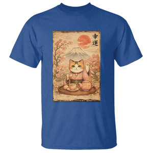 Japanese Maneki Neko Drinking Tea Kawaii Lucky Cat T Shirt TS12 Royal Blue Print Your Wear