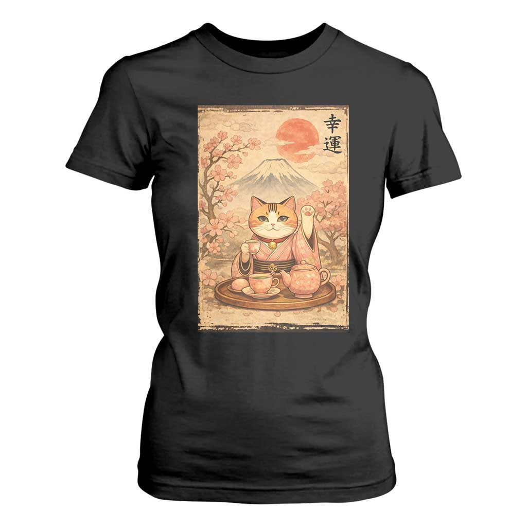 Japanese Maneki Neko Drinking Tea Kawaii Lucky Cat T Shirt For Women TS12 Black Print Your Wear
