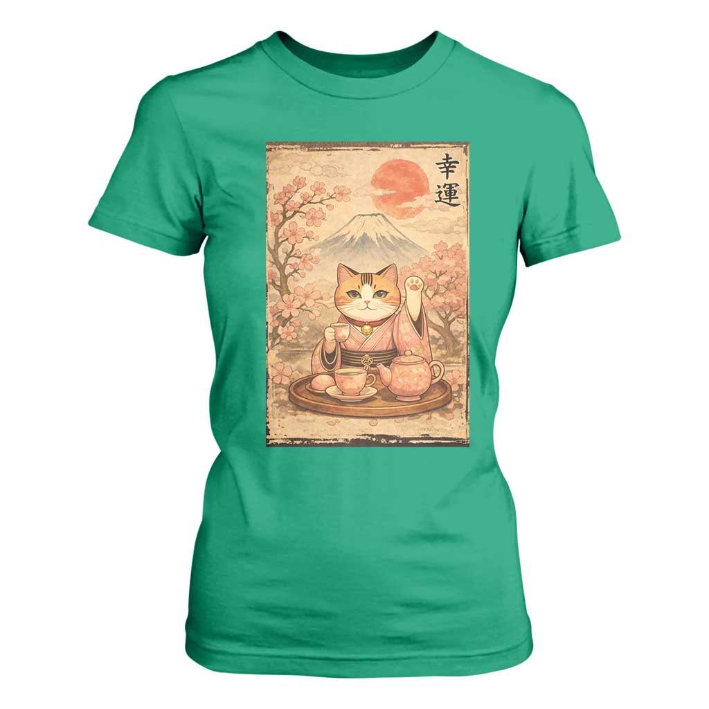 Japanese Maneki Neko Drinking Tea Kawaii Lucky Cat T Shirt For Women TS12 Irish Green Print Your Wear