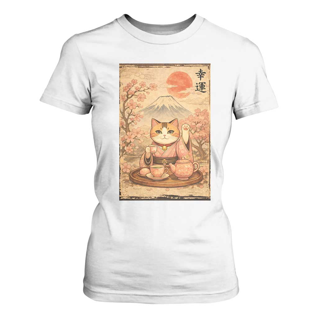 Japanese Maneki Neko Drinking Tea Kawaii Lucky Cat T Shirt For Women TS12 White Print Your Wear