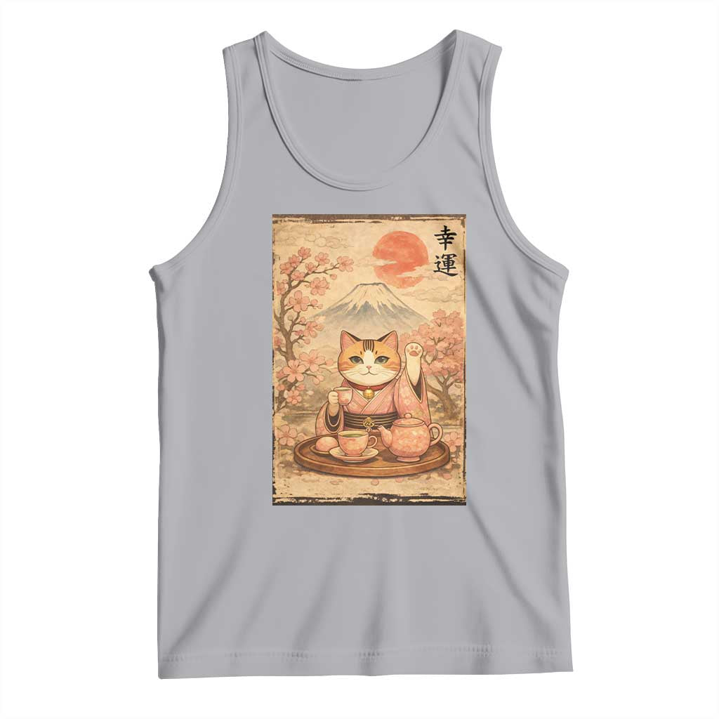 Japanese Maneki Neko Drinking Tea Kawaii Lucky Cat Tank Top TS12 Athletic Heather Print Your Wear