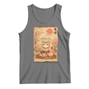 Japanese Maneki Neko Drinking Tea Kawaii Lucky Cat Tank Top TS12 Black Heather Print Your Wear